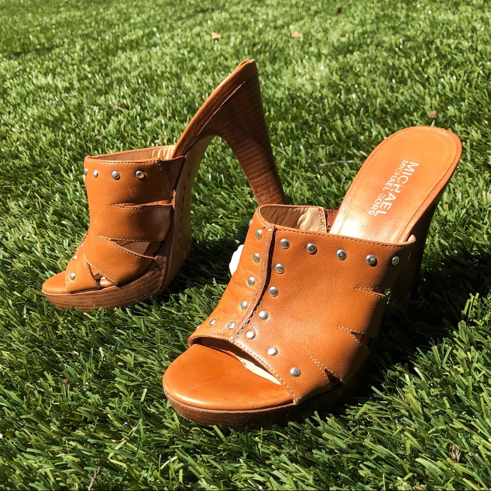 Michael Kors in cognac with studs and stacked heels